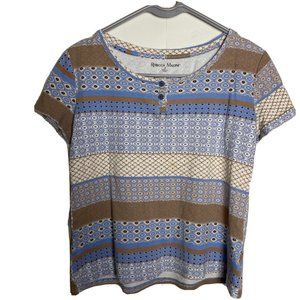 Rebecca Malone Women Henley Shirt Small Geometric Stripe Tan Blue Short Sleeve